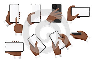 3d hands of businessman use mobile phone with empty screen set, arms hold smartphones