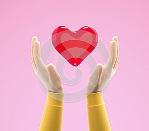 3D hands holding red glossy heart to supporting and giving help. Healthcare concept.
