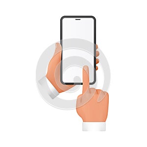 3D hands of man holding mobile phone, showing on white blank screen with finger