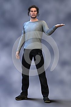 3D handsome man wearing long sleeved tee shirt and jeans standing with his left arm outstretched in a mage or magician pose