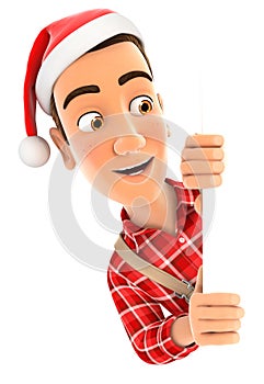 3d handyman with christmas hat peeping over wall