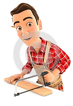 3d handyman sawing wooden plank