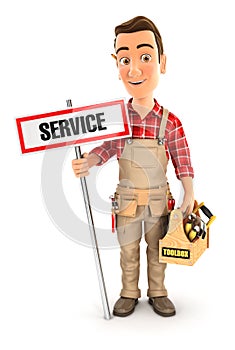 3d handyman with service sign and toolbox