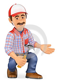 3D Handyman squatting with a hammer pointing to side