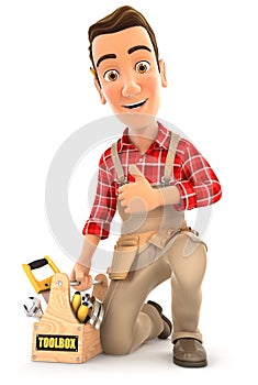 3d handyman with toolbox and thumb up