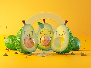 3d happy avocado with seeds on yellow background. Isomeric characters