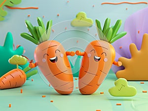 3d happy carrots on green background. Isomeric characters