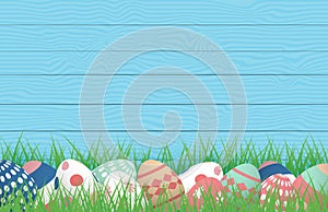 3D Happy Easter with Colorful Easter Eggs on grass field with wooden background. Vector illustration. Banner, backdrop, spring,