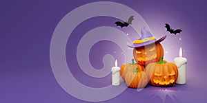 3d Happy Halloween Jack-o-Lantern pumpkin with bat and candle. Happy Halloween concept. Traditional October holiday