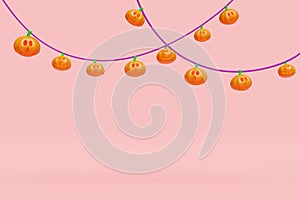 3d happy halloween party with party banner pumpkin head lantern isolated on pink background. 3d render illustration