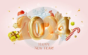 3d Happy New Year Placard Poster Banner Card Template with Golden Metal Number Cartoon Style. Vector