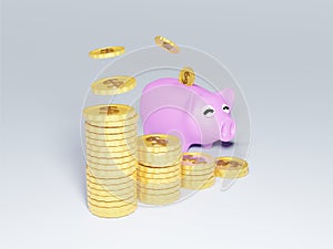 3D of happy piggy bank with falling gold coins. The concept of saving money