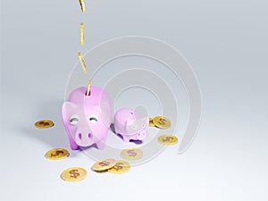 3D of happy piggy bank with falling gold coins. The concept of saving money
