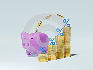 3D of a happy piggy bank with falling gold coins. The concept of saving money, Investment