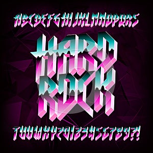 3D Hard Rock alphabet font. Metal effect shiny letters and numbers in 80s style.