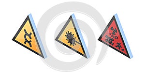 3d hazard icons, vector yellow warning signs