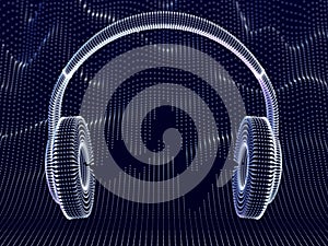 3D headphones with sound waves on dark background.