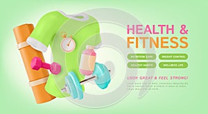 3d Health and Fitness Ads Banner Concept Poster Card. Vector