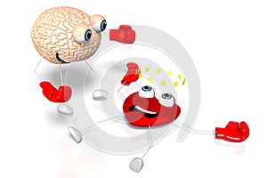 3D heart and brain cartoon characters - boxing, fight