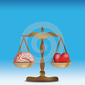 3d heart and brain concept on balance. Blue background