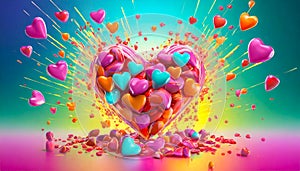 3d heart-candies explosion on colorful gradient background.