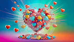 3d heart-candies explosion on colorful gradient background.