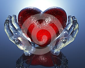 3d heart in glass hands