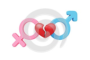 3d heart red broken. Gender symbol of male and female on white background. Concept of heartbroken, sexual, divorce, adultery.