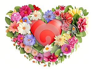 A 3D heart shape of flowers and leaves explodes in color.