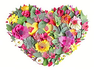 A 3D heart shape of flowers and leaves explodes in color.