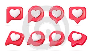 3d heart speech. Hearts like box or chat bubble icon, love sign romantic message comment notification mobile social