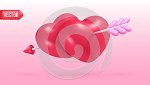 3d hearts arrow. Heart piercing cupid arrows, loving couple relationship concept, romantic love symbol joy marriage
