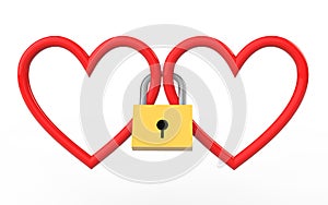 3d hearts locked together with padlock