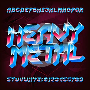 3D Heavy Metal alphabet font. Metal effect shiny letters and numbers in 80s style.