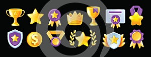 3D high quality professional icon set, vector recognition award medal kit, UI game level up reward.