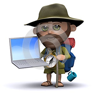 3d Hiker using a laptop pc