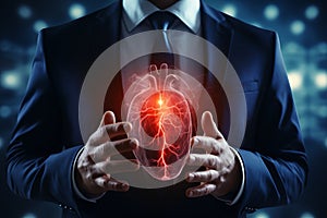 3D hologram of a heart against the background of a male silhouette in a business suit, studying heart disease using AI