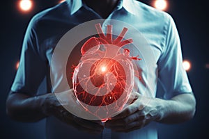 3D hologram of a heart against a human silhouette, studying heart disease using AI, AI in developing treatments for