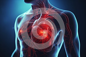 3D hologram of the heart and circulatory system against the background of a human silhouette, studying heart disease