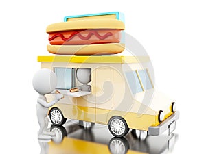 3d Hot dog food truck with white people