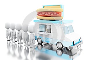 3d Hot dog food truck with white people waiting in line.