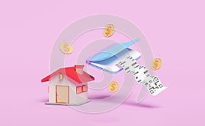 3d house with bank account open book, passbook, dollar money coins isolated on pink background. invoice, electronic bill, saving