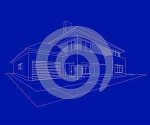 3D House building sketch. Home line Icon on blue