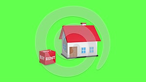 3D house buy and rent concept animation on green background