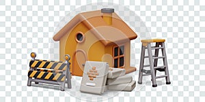 3D house, folding ladder, barricade, bags with cement. Repairs