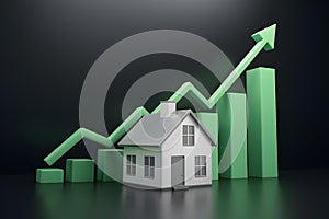 3D house, green bar graphs, zigzagging line symbolizing progress, real estate and financial success evoked