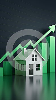 3D house, green bar graphs, zigzagging line symbolizing progress, real estate and financial success evoked