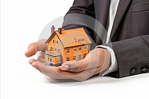 3d house model held in human hands, symbolizing the concept of insurance and bank loans