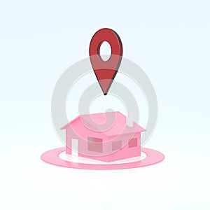 3D house with navigator pin locator. Navigation, location route, sale concept. GPS pointer. Abstract navigation element concept .