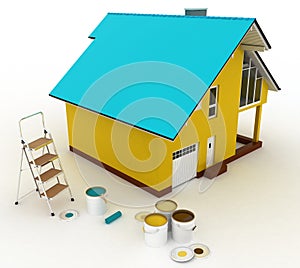 3d house with paints and step-ladder